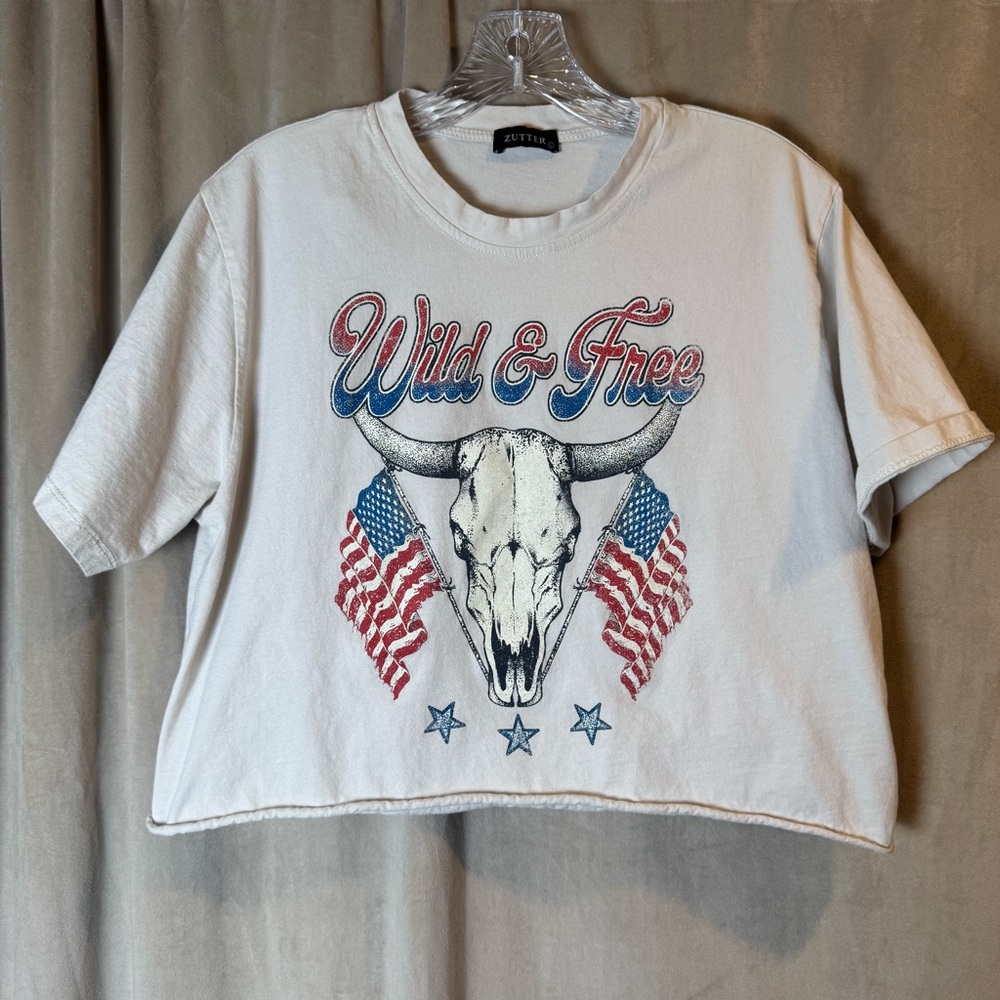 Zutter‎ Wild and Free White Graphic Tee Crop Western patriotic flag shirt